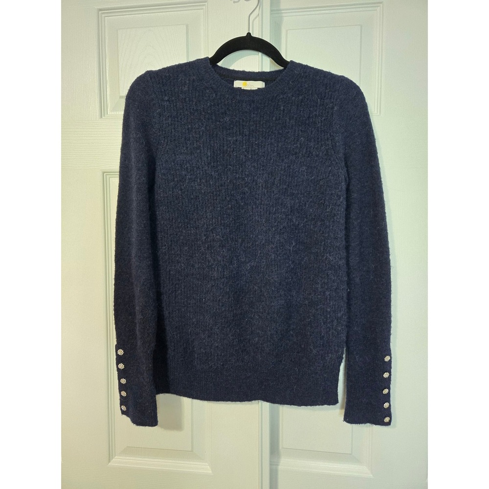 Boden Navy Blue Wool Alpaca Blend Ribbed Crewneck‎ Sweater Jeweled Cuffs XS